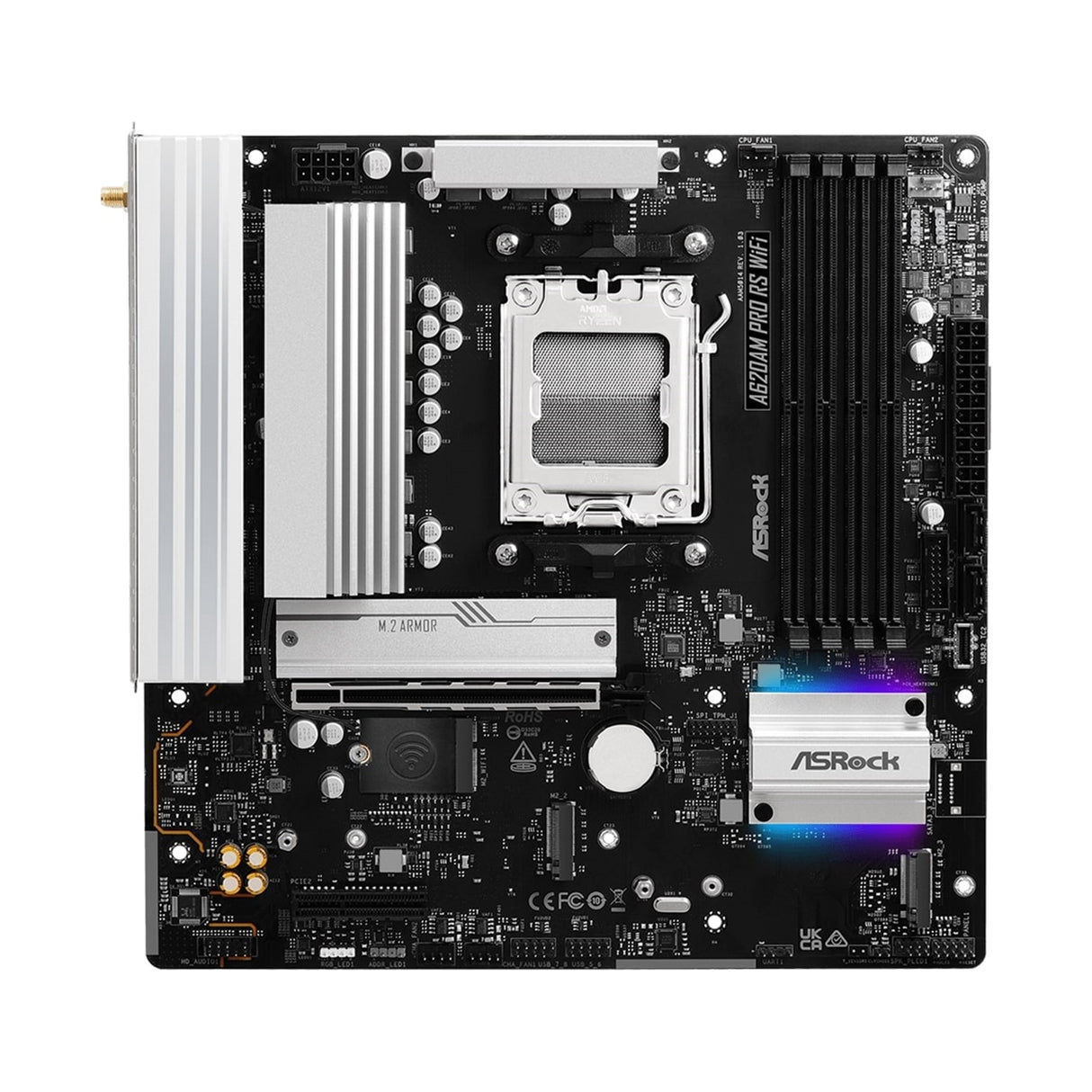 ASRock A620AM Pro RS WiFi AMD Socket AM5 Motherboard, 4x DDR5 Slots, 3x M.2 Socket, 2.5GbE LAN, Wi-Fi 6E, 1x HDMI Port / 1x DisplayPort