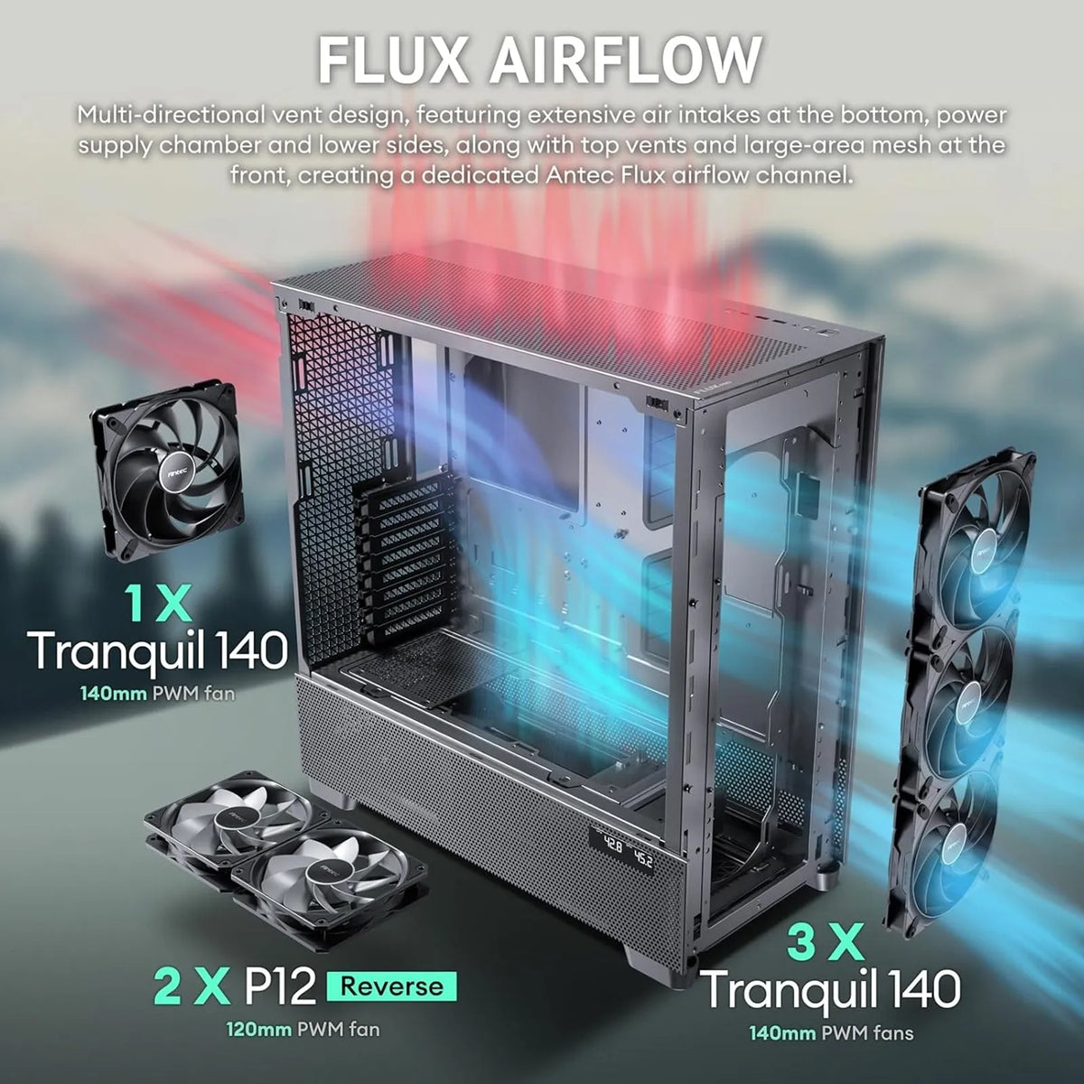 Antec Flux PRO Full Tower PC Case with Tempered Glass, Black/Wood, 6 Pre-Installed Fans, USB Type-C, E-ATX/ATX/mATX/mITX Compatibility