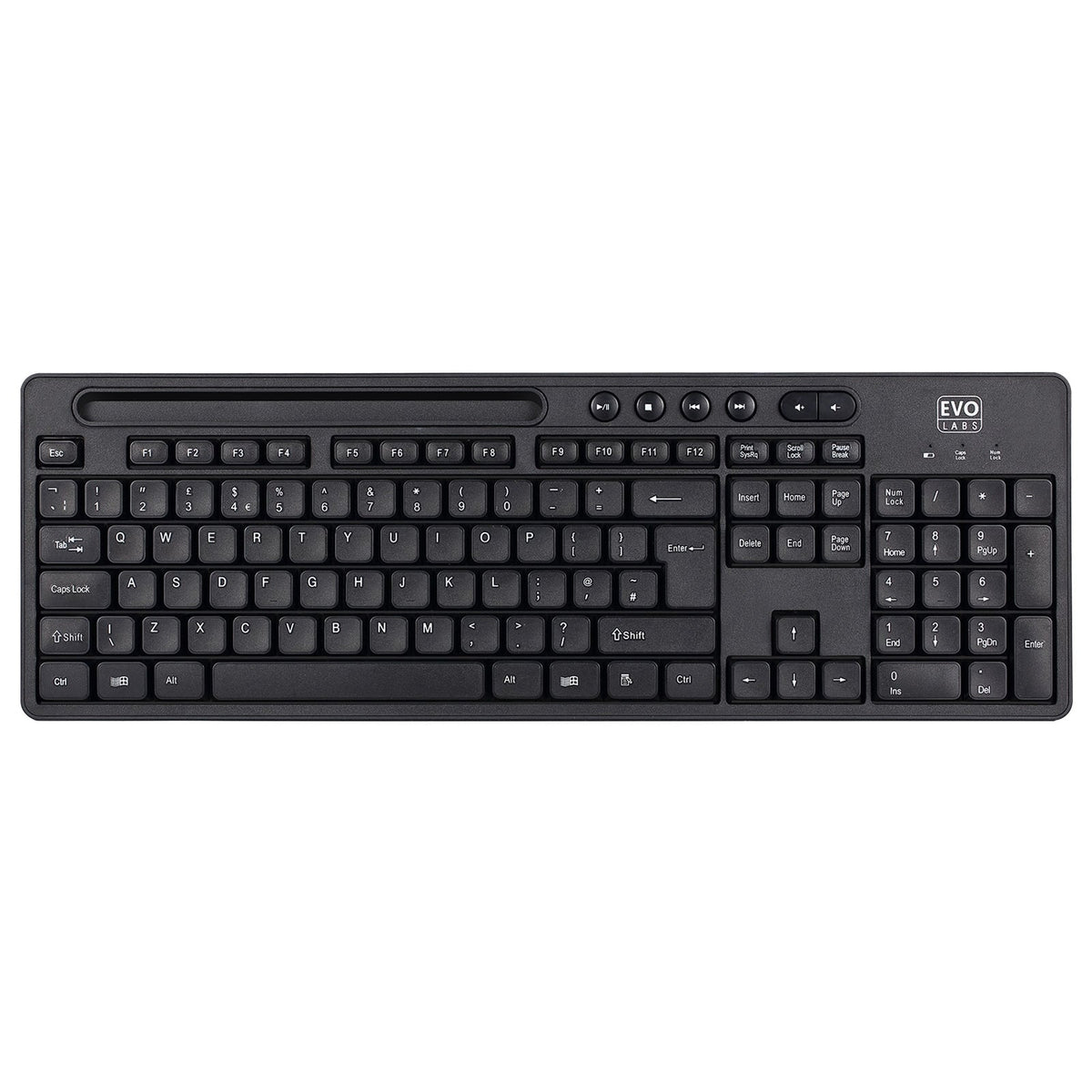 Evo Labs WM-757UK Wireless Keyboard and Mouse Combo Set, With Integrated Tablet/ Mobile/ Smartphone Stand, 2.4GHz Full Size Qwerty UK Layout Keyboard with Wireless Mouse, Ideal for Home/Office, Black