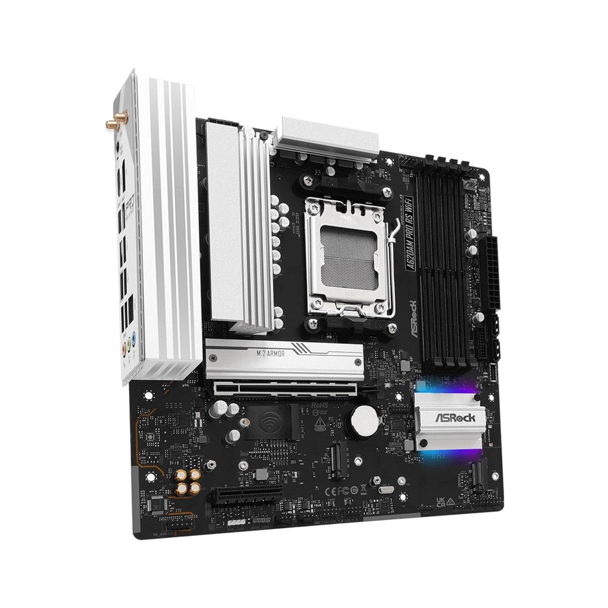 ASRock A620AM Pro RS WiFi AMD Socket AM5 Motherboard, 4x DDR5 Slots, 3x M.2 Socket, 2.5GbE LAN, Wi-Fi 6E, 1x HDMI Port / 1x DisplayPort