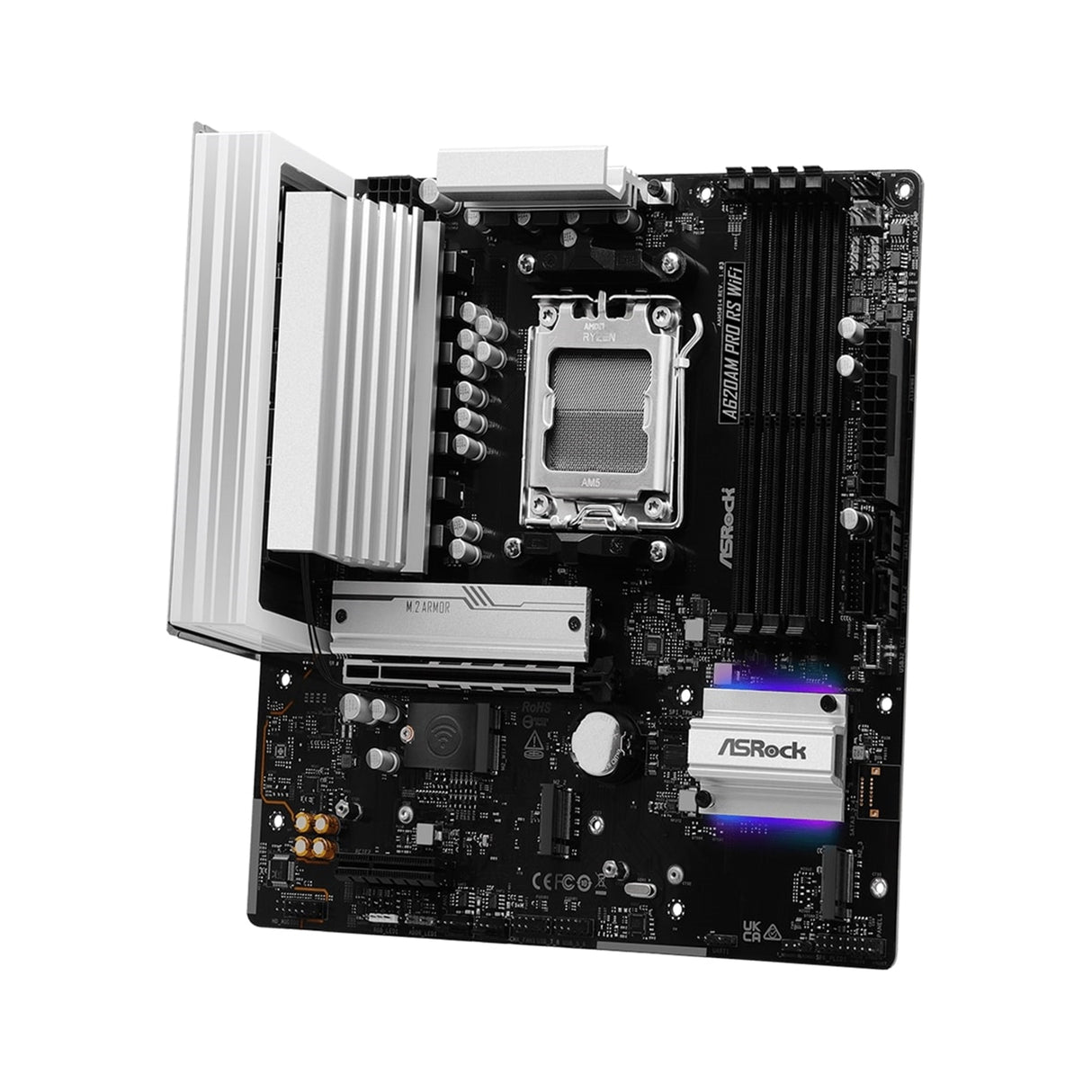 ASRock A620AM Pro RS WiFi AMD Socket AM5 Motherboard, 4x DDR5 Slots, 3x M.2 Socket, 2.5GbE LAN, Wi-Fi 6E, 1x HDMI Port / 1x DisplayPort