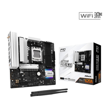 ASRock A620AM Pro RS WiFi AMD Socket AM5 Motherboard, 4x DDR5 Slots, 3x M.2 Socket, 2.5GbE LAN, Wi-Fi 6E, 1x HDMI Port / 1x DisplayPort