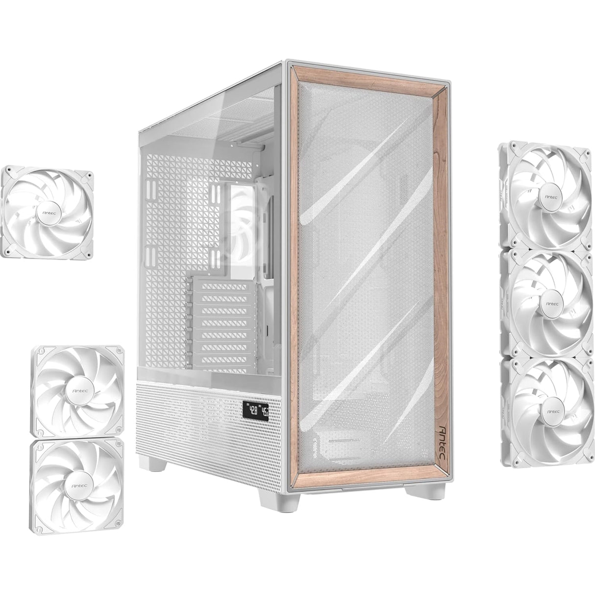 Antec Flux PRO Full Tower PC Case with Tempered Glass, White/Wood, 6 Pre-Installed Fans, USB Type-C, E-ATX/ATX/mATX/mITX Compatibility