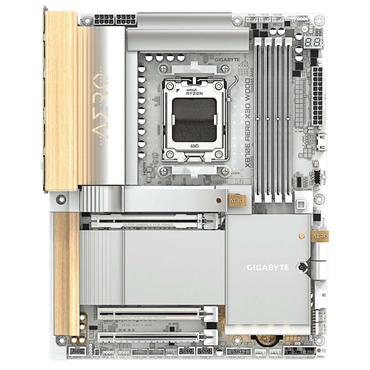 Gigabyte X870E AERO X3D WOOD AMD AM5 Socket Motherboard, ATX, 4x DDR5 Slots, 4x M.2 Sockets, Fitted I/O Shield, 2x 5GbE LAN, Wi-Fi 7, 1x HDMI Port / 2x USB-C (USB4)