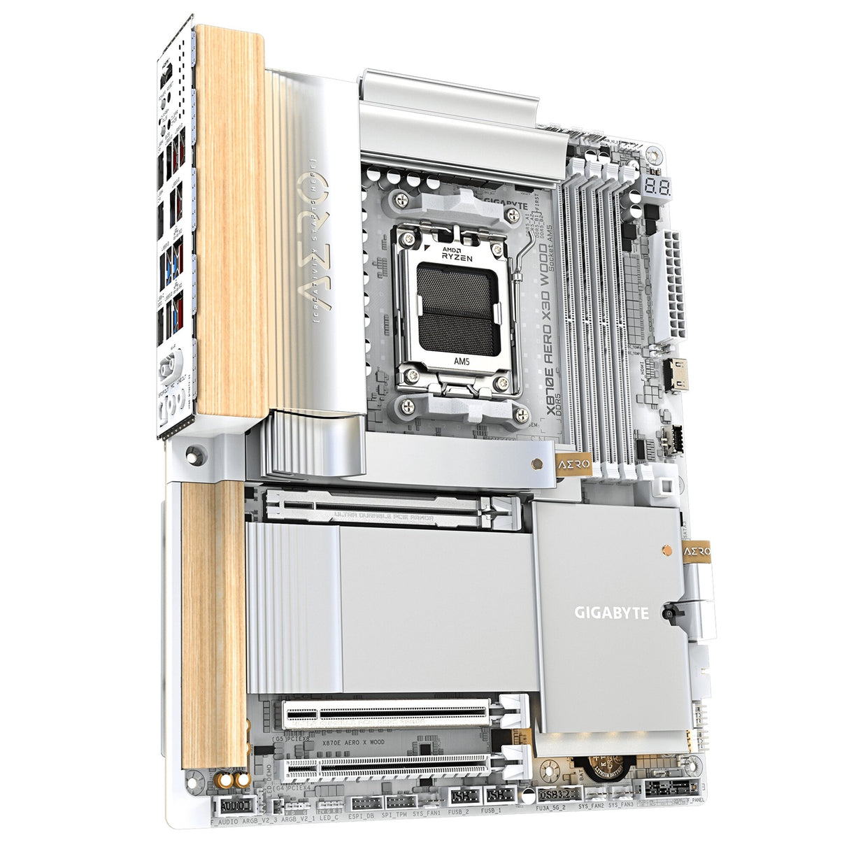 Gigabyte X870E AERO X3D WOOD AMD AM5 Socket Motherboard, ATX, 4x DDR5 Slots, 4x M.2 Sockets, Fitted I/O Shield, 2x 5GbE LAN, Wi-Fi 7, 1x HDMI Port / 2x USB-C (USB4)